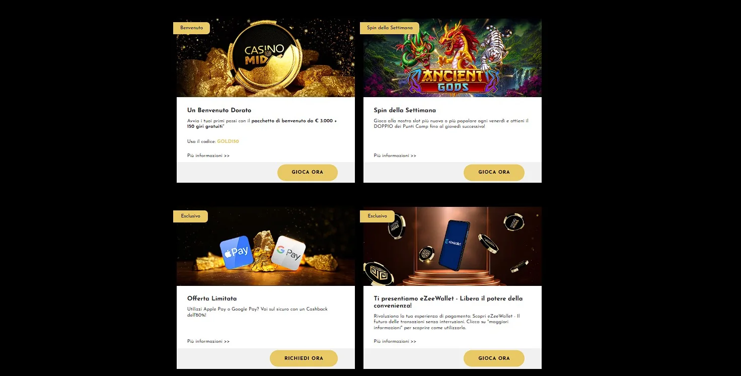 Promozioni e bonus Midas Casino con free spins cashback e club VIP dorato